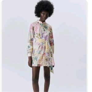 Zara Patchwork Tropical Floral Long Sleeve Mini Dress